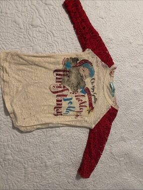Southern Grace Cream Tee with Red Lace Raglan Sleeves and Santa Graphic
